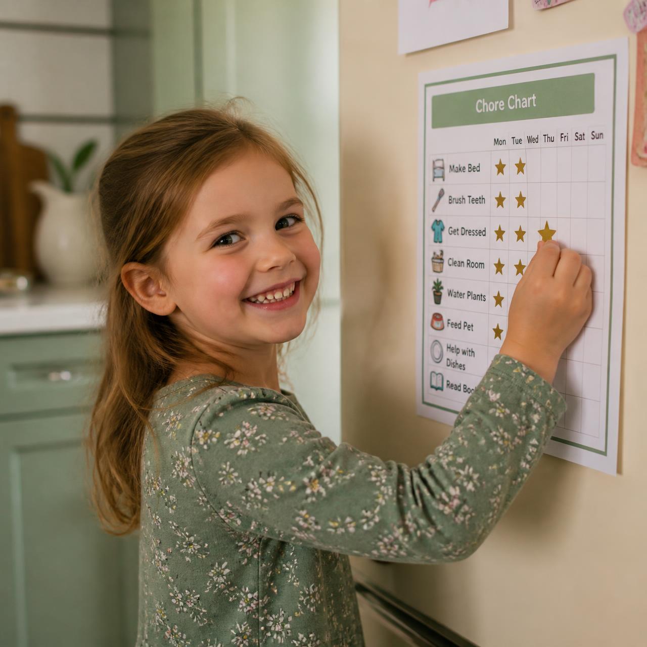 A child putting a star sticker on a printed chore chart on the fridge